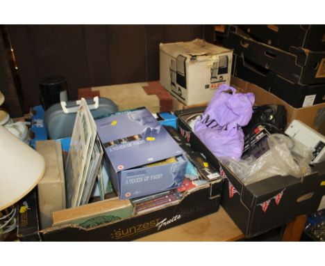 A LARGE QUANTITY OF ASSORTED ELECTRICALS, SUNDRIES ETC. TO INCLUDE A TYPEWRITER, PROJECTOR ETC. 