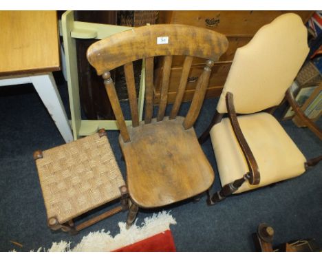 A TRADITIONAL ELM KITCHEN CHAIR PLUS AN ARMCHAIR & AN OAK STOOL (3)