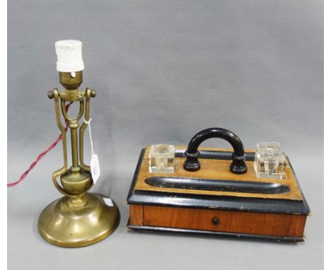 Early 20th century brass wall light / lamp, impressed R9009, with adjustable arm, excluding fitting 27cm,  and a desk inkstan