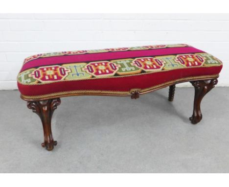 19th century mahogany serpentine duet stool with upholstered top and carved cabriole front legs with bobbin turned back legs,