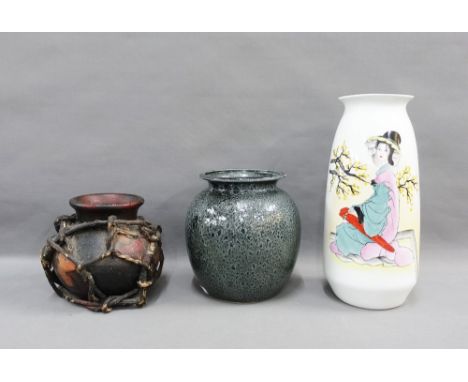 White glazed Chinese vase with calligraphy and girl pattern, 33cm high, together with two other Chinese vases, (3) 