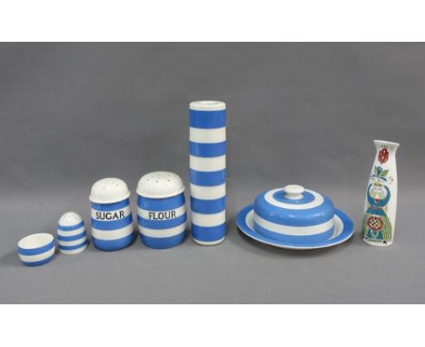 T&amp;G Green blue and white Cornish Ware to include a muffin dish and cover, rolling pin, Sugar &amp; Flour castors,etc and 