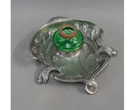 WMF Art Nouveau pewter inkwell with a green glass well, 18cm 