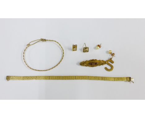 9ct gold jewellery to include a bracelet with Greek Key pattern, rope twist bangle, mourning brooch and an S pendant and misc