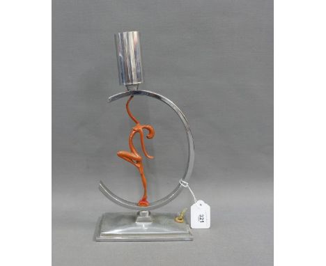 An Art Deco chromed metal table lamp base with painted dancing figure to the base, unwired, 32cm high