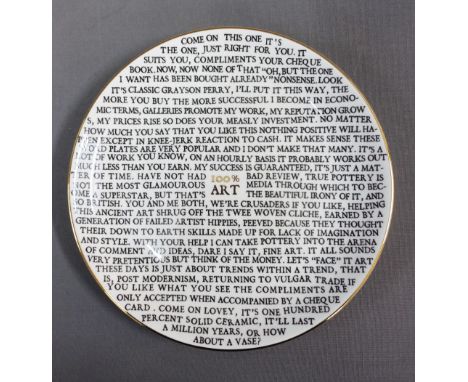 Grayson Perry RA (b.1960) '100% Art' porcelain plate, published by the Holburne Museum, Bath, 21.5cm diameter