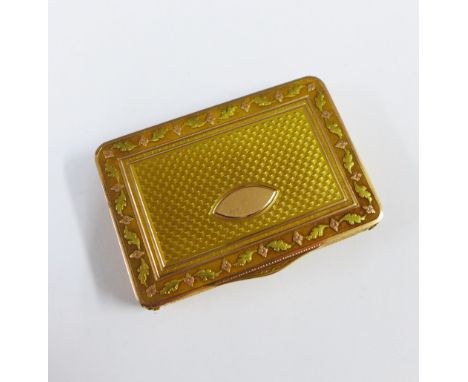 Early 19th century French gold pocket snuff box, the hinged lid engine turned with a vacant cartouche to centre with bi colou