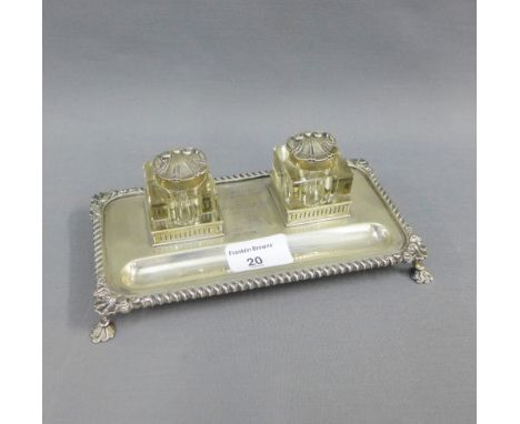 Silver desk inkstand, the rectangular base with two glass inkwells with silver shell covers, with personal inscription, Sheff