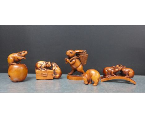 Collection of modern fruitwood Netsuke to include  a rabbit and rats,etc, (5)