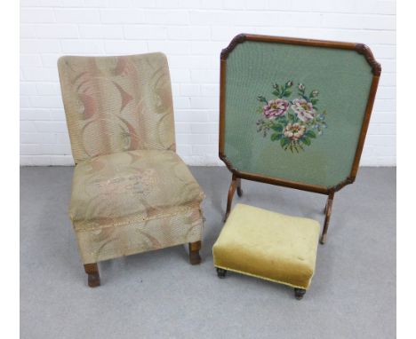Early 20th century upholstered chair, fire screen and footstool, (3)