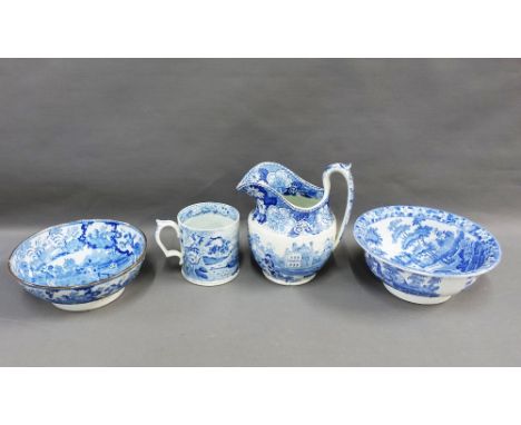 Collection of Staffordshire blue and white pottery to include a jug, tankard and two bowls, (with damages) 