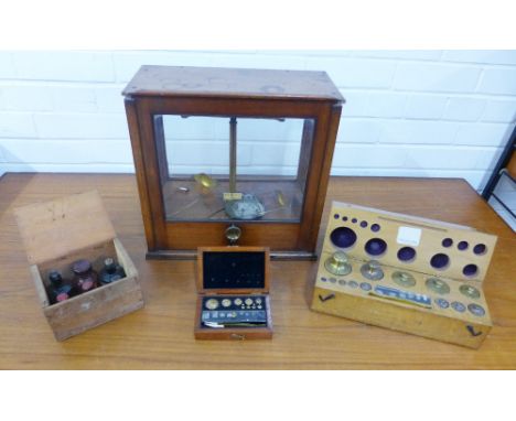 Cased set of brass scales, various weights and vintage bottles of ink, etc (a lot) 