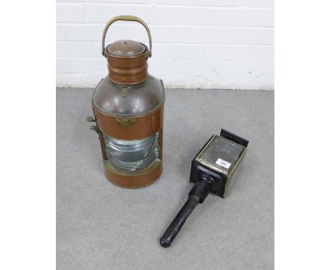 Vintage copper and brass lantern light together with a carriage lamp, largest 42 x 13cm  (2) 