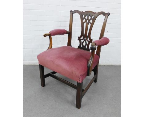 Georgian mahogany open armchair with Chippendale style interlaced splat, upholstered seat and arm rests, h form stretcher and