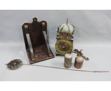 Brass lantern clock, with oak shelf, pendulum and chains, dial inscribed Peter Closon, Holborn Bridge Fecit, height approx 35