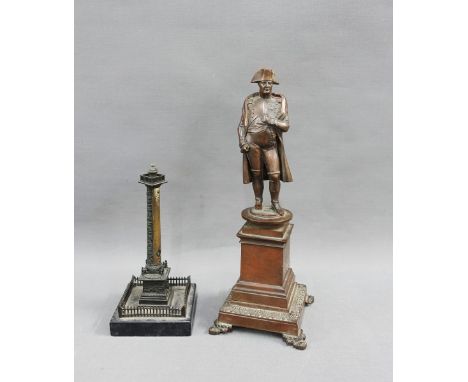 Bronze statuette of The Emperor Napoleon (a/f) together with a bronze patinated Trajan's Column thermometer (gauge lacking an