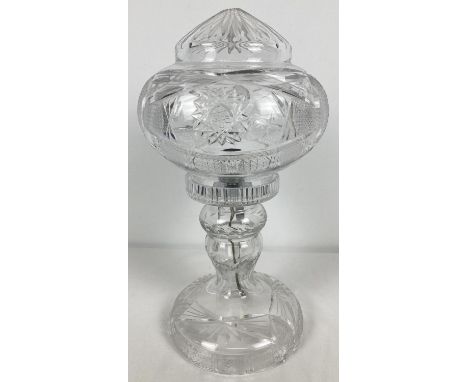 A vintage cut lead crystal table lamp with removable up-shade. Approx. 36cm tall. 