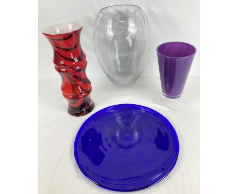 4 large pieces of clear &amp; coloured art glass. A large bulbous clear glass vase (approx. 35cm tall), a large blue glass pl