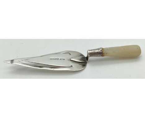 A vintage silver bookmark in the form of a trowel, with mother of pearl handle. Blade fully hallmarked for Birmingham 1945. A