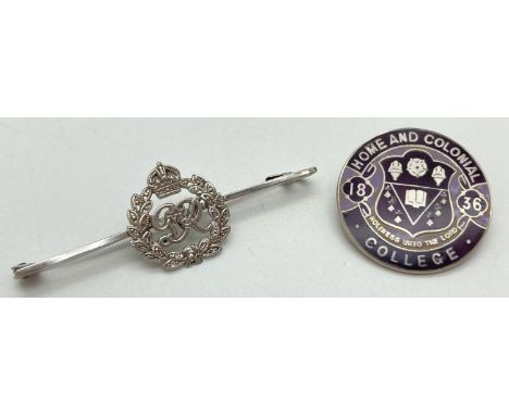 A sterling silver Royal Engineers GR sweetheart brooch together with a silver and enamel Home &amp; Colonial College badge. S