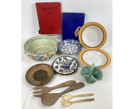 A box of assorted vintage items to include ceramics, books &amp; wooden items. Lot includes: Woods Indian Tree ceramic bowl, 