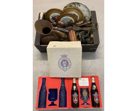 A box of mixed vintage items to include large copper jug a boxed Guinness HRH Prince Philip "Change Of Keys" commemorative se