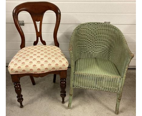2 vintage chairs. A 1930's Lloyd loom style bucket chair in green together with a high backed, square legged chair with uphol