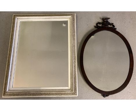 2 large vintage decorative wall hanging mirrors. A square shaped mirror with carved floral design to light wood frame, togeth