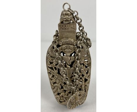 A Chinese white metal incense bottle with decorative pierced work panel front &amp; back. Chained bottle lid has foo dog shap