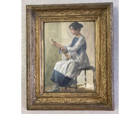 A late Victorian oil sketch of a woman with her violin, in period gilt wooden frame. Frame size 41cm x 34cm. 