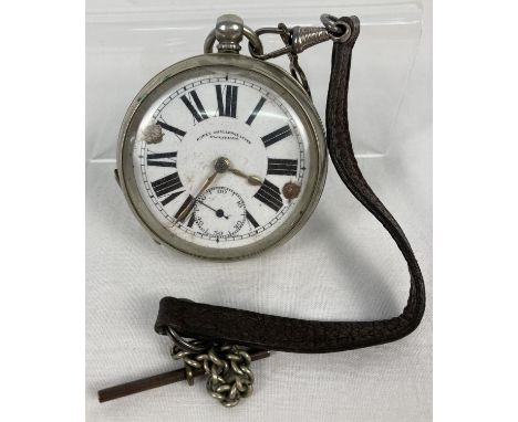 A vintage Bones, Swaffham, Norfolk Challenge Lever enamel faced pocket watch. Complete with leather strap, chain with T Bar a