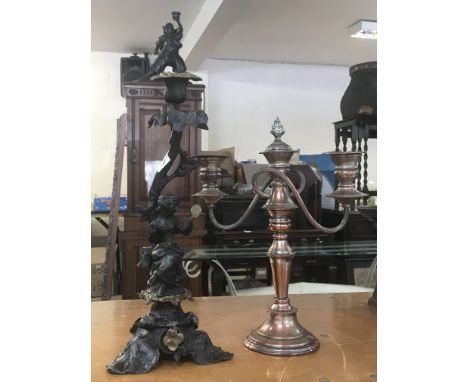 A Victorian bronzed figure candlestick and Sheffield plated two branch, three light candelabra with original snuffer