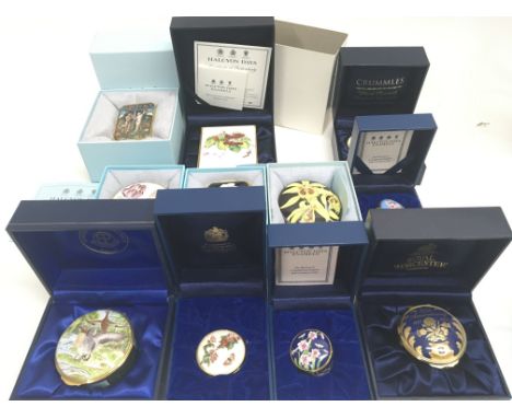A collection of Halcyon Days Enamel boxes and Royal Worcester boxes in original boxes.