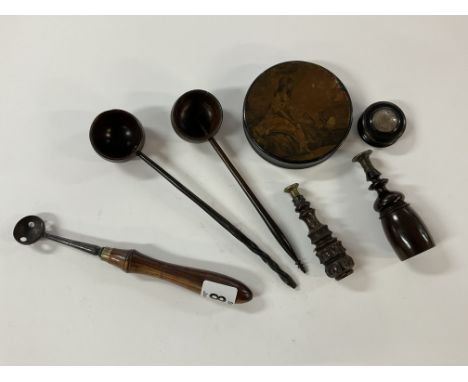 A collective treen lot to include, 2 ladels one with a Baline handle, 2 pipe tampers, a lignum Vitie patch box and a Victoria