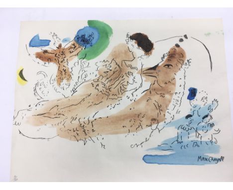 Mark Chagall (1887-1985). A limited edition lithograph print with a watercolour wash, numbered 11/50, approx 28cm x 22cm.