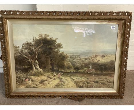 A large Victorian gilt framed print of a farming/ countryside scene, 120 x 89cm