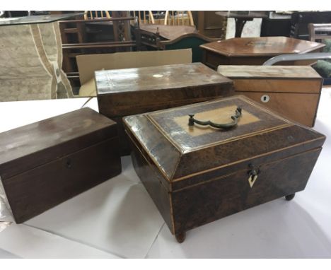 A burr maple 19th century tea caddy with two internal sections a burr walnut box and Victorian walnut work box.