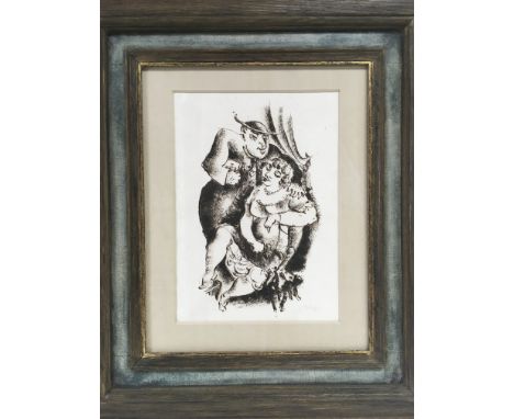 Richard Ziegler 1891-1992. 'Earthly And Heavenly Love'. A 1925 ink on paper framed sketch depicting a priest with a woman of 