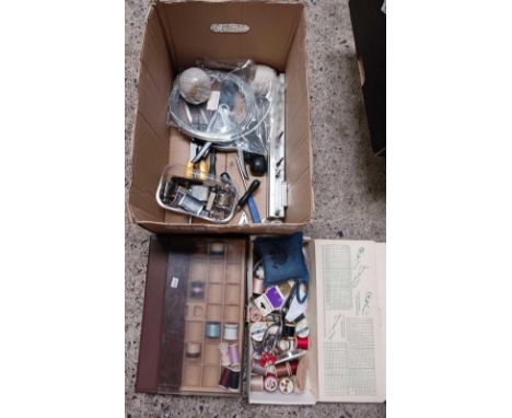 CARTON WITH MISC SEWING ITEMS, COTTON REELS ETC, SCISSORS, SEWING ACCESSORIES, HAND TOOLS, CIGARETTE LIGHTERS&amp; EXPANDABLE