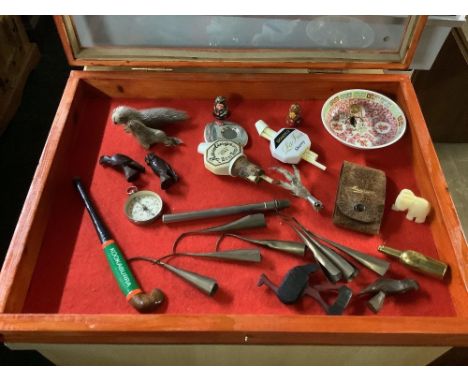 JEWELLERY DISPLAY CASE &amp; CONTENTS INCL; COMPASS, BOTTLE STOPPERS ETC