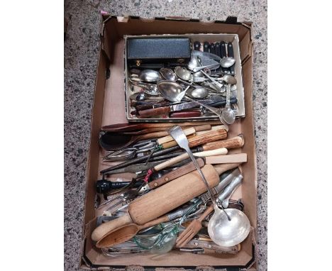 CARTON OF MISC CUTLERY &amp; A WOODEN ROLLING PIN