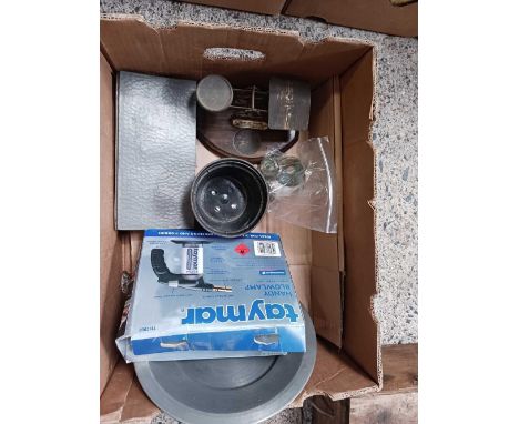 CARTON WITH A HANDY BLOW LAMP, PEWTER TRAY, 2 LAMP BASES &amp; SHADES, PEWTER TIN, POSTAL SCALES &amp; MISC WEIGHTS