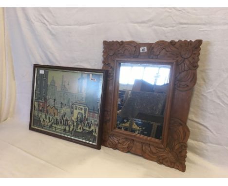 WOOD LEAF FRAMED MIRROR &amp; A TAPESTRY LOWRY STYLE PICTURE
