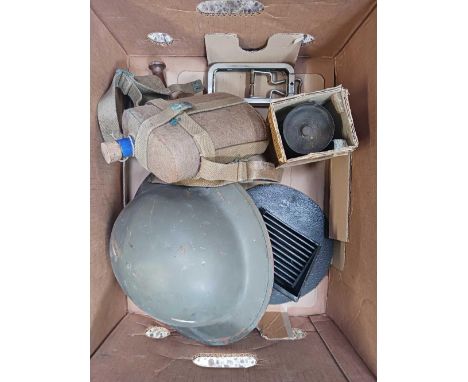 CARTON WITH WW II WATER BOTTLE IN CARRIER, STEEL HELMET, WOODEN PRIEST &amp; METAL HEAD LIGHT DEFLECTOR &amp; A WHOOPING COUG