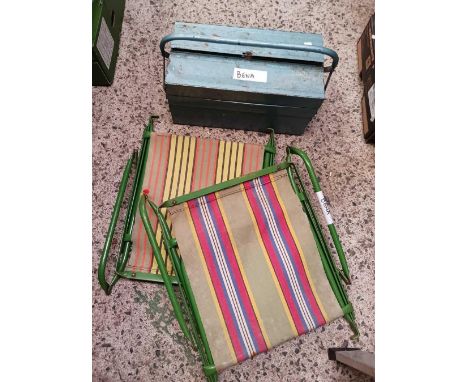 METAL CANTILEVER TOOL BOX &amp; 2 METAL &amp; CANVAS CHAIRS