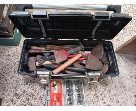 BLACK STANLEY TOOL BOX WITH MISC HAND TOOLS &amp; FLAT IRONS