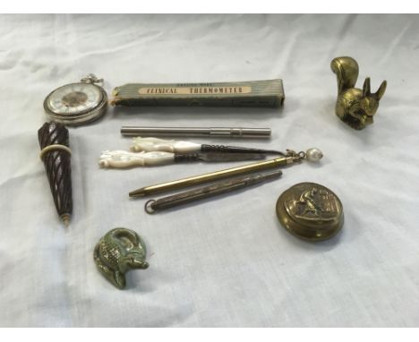 BAG WITH MISC ITEMS, POCKET WATCH, NEEDLE HOLDER, CLINICAL THERMOMETER &amp; OTHER BRIC-A-BRAC