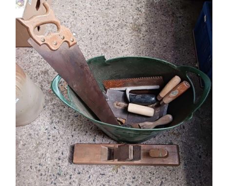 GREEN BUCKET OF TOOLS, RIPSAW, WOODEN BLOCK PLANE &amp; PLASTERING TOOLS