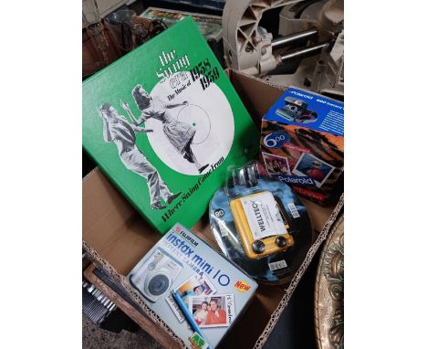 CARTON WITH BOXED TIME LIFE SWING ERA RECORDS, POLAROID 600 INSTANT CAMERA, FUJI FILM INSTAX MINI 10 CAMERA &amp; A WELLTECH 