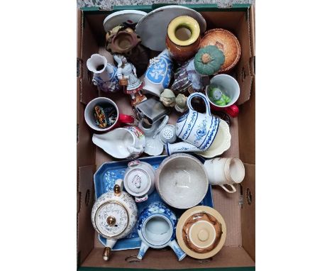 CARTON WITH MISC CHINA INCL; TEA POTS, SMALL VASES, FIGURINES & HIP FLASK